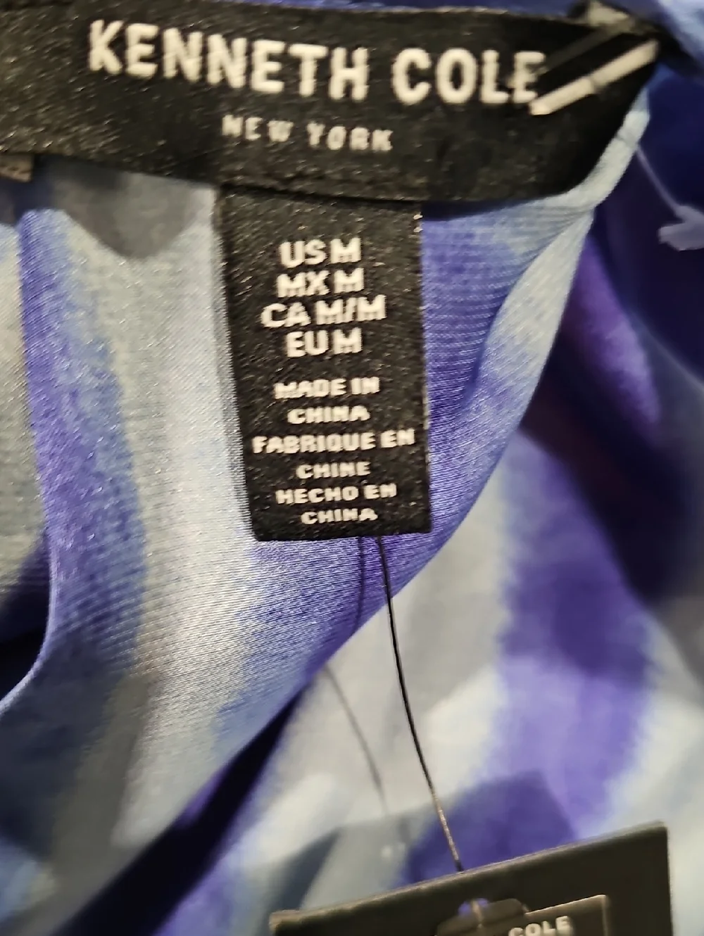 Kenneth Cole Satin Blue Tie Dye Stripe Cap Sleeves V-Neck Blouse Top Shirt M